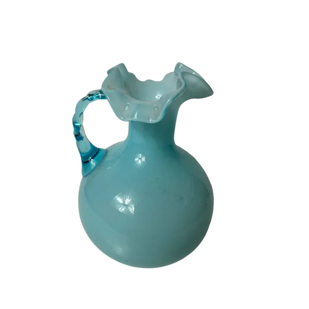 Ruffled Rim Pitcher Baby Blue Glass Handle Vintage